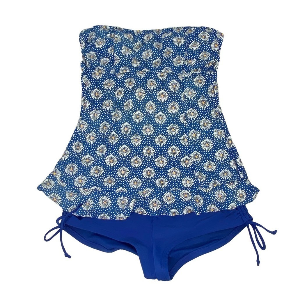Arizona blue daisy print strapless tankini with side tie bottoms, M